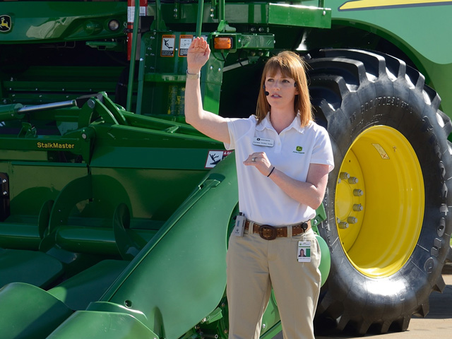 Cyndee Smiley Dolan, division marketing manager for John Deere, helped introduce the new S700 Series of combines last week at Deere&#039;s Media Days in Moline, Illinois. (DTN/The Progressive Farmer photo by Jim Patrico)